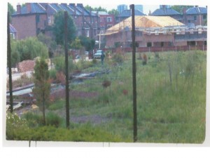 The land at Nursery Lane in the late 1970s, when the sheltered housing was being built on the southern part of the original site.  The tall fence posts remain from the period when the northern part was used by Latymer School as playing fields.